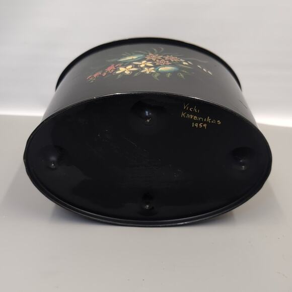 Vintage Toleware Lot Metal Tray Wastebasket Trinket Handpainted Garden Flowers - Picture 3 of 7
